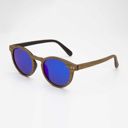 Eco-friendly sustainable wood framed sunglasses with natural wood grain and polarized lenses.