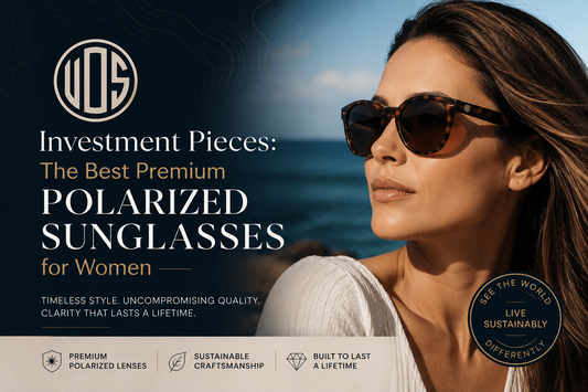 Woman wearing premium polarised sunglasses with a stylish coastal background