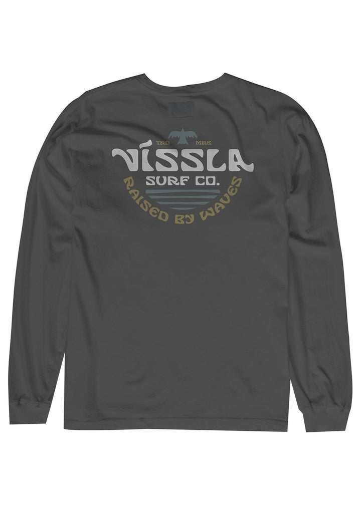 Vissla West Winds LS Pocket Tee, charcoal gray cotton long-sleeve shirt with a faded multicolor surf graphic on the chest.