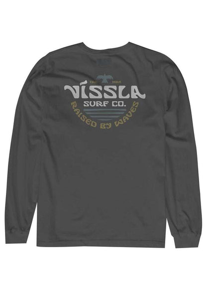 Vissla West Winds LS Pocket Tee, charcoal gray cotton long-sleeve shirt with a faded multicolor surf graphic on the chest.