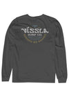 Vissla West Winds LS Pocket Tee, charcoal cotton long-sleeve shirt with a muted multicolour chest graphic and ribbed cuffs.