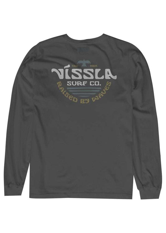 Vissla West Winds LS Pocket Tee, charcoal cotton long-sleeve shirt with a muted multicolour chest graphic and ribbed cuffs.