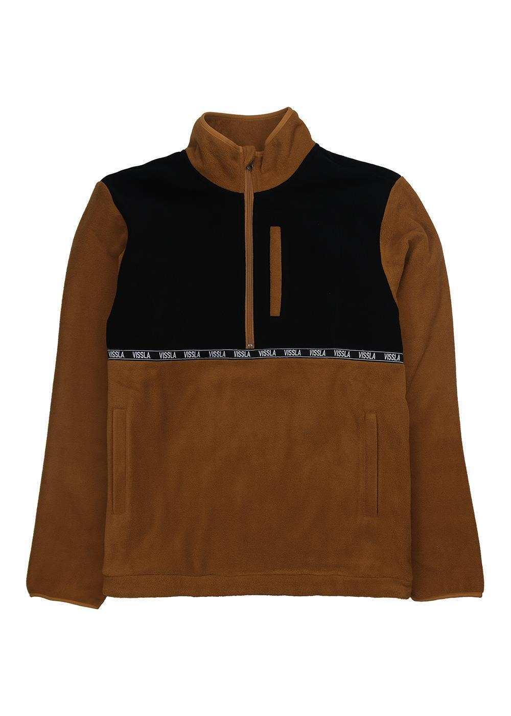 Vissla Hike Eco Polar Fleece pullover in brown and black polyester fleece, with half zip, chest pocket and front pouch pocket.