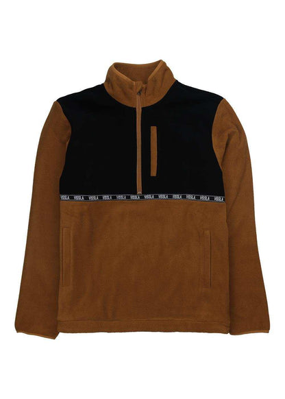 Vissla Hike Eco Polar Fleece pullover in brown and black polyester fleece, with half zip, chest pocket and front pouch pocket.