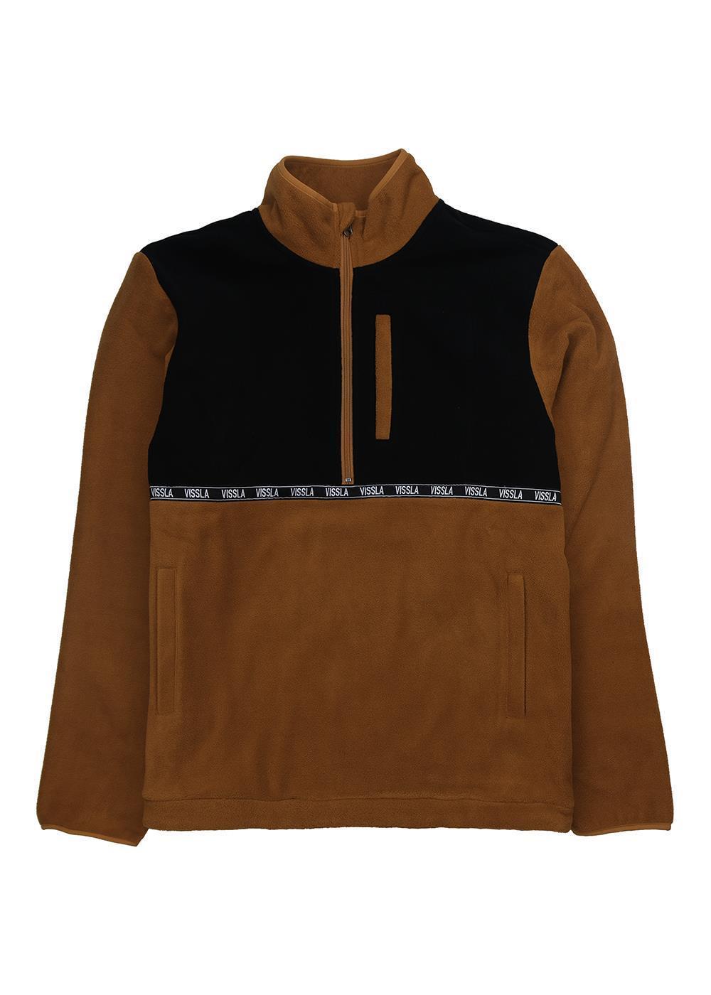 Vissla Hike Eco Polar Fleece pullover in brown and black polyester fleece, with a half zip, chest pocket and logo band.