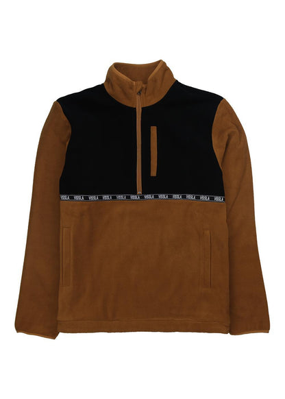 Vissla Hike Eco Polar Fleece pullover in brown and black polyester fleece, with a half zip, chest pocket and logo band.