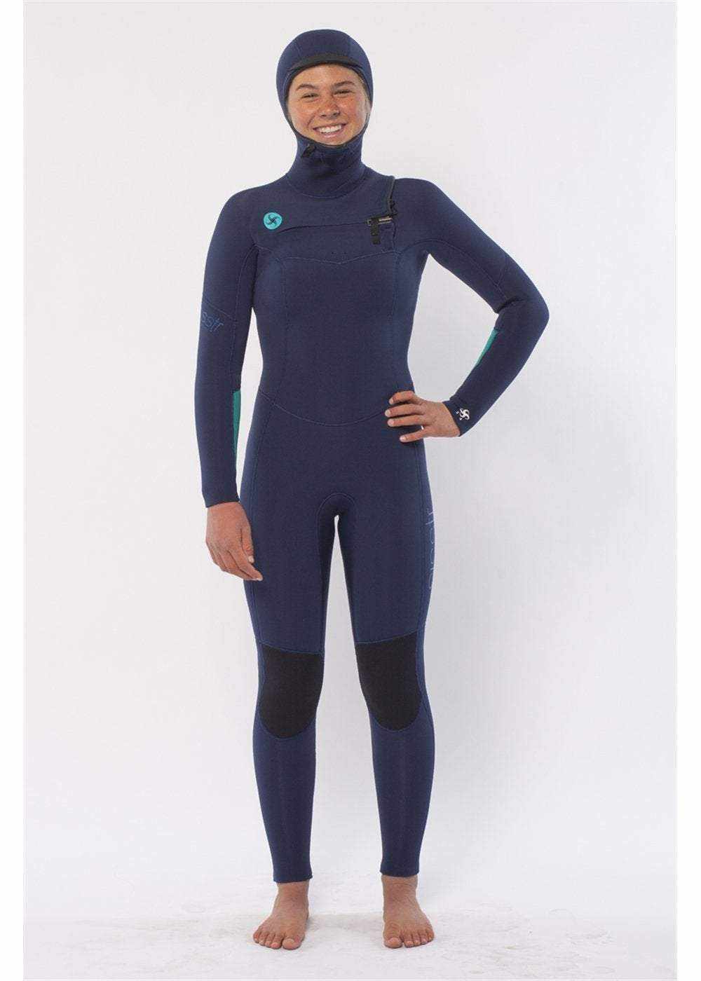 Sisstr 7 seas navy blue hooded wetsuit with chest zip, neoprene material, black knee pads, and aqua detailing on sleeve and leg