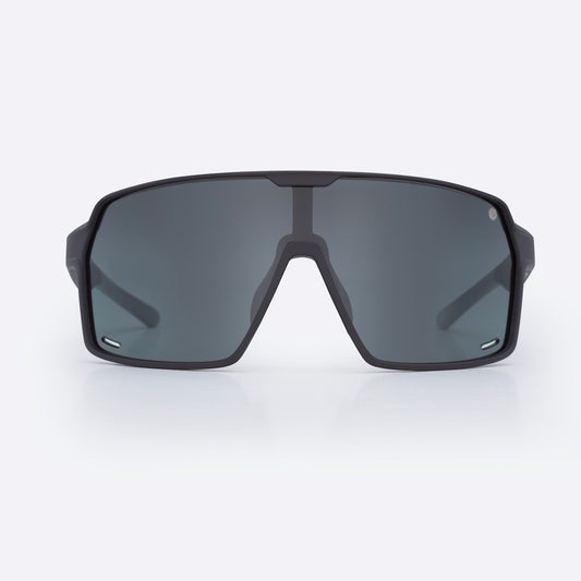 Black running sunglasses with dark lenses on a white background