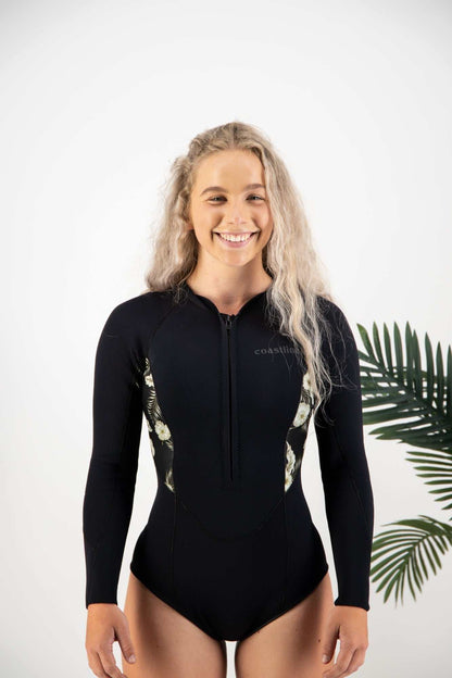Front and back view of Premium Womens 2mm Front Zip Springsuit in black with contrast panelling and cheeky bikini cut bottom
