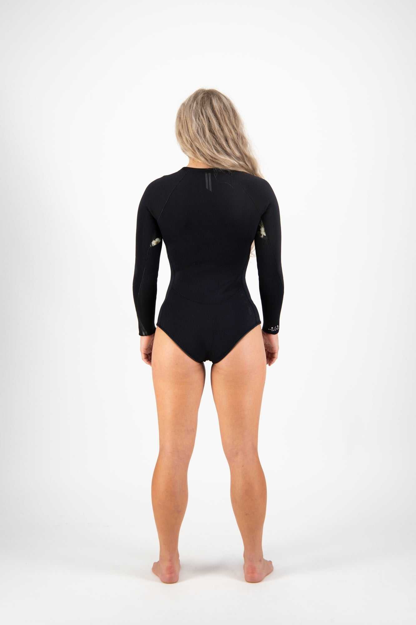 Front and back views of Premium Womens 2mm Front Zip Springsuit in black with contrast panelling and chest zipper