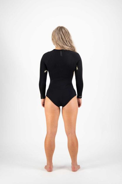 Front and back views of Premium Womens 2mm Front Zip Springsuit in black with contrast panelling and chest zipper