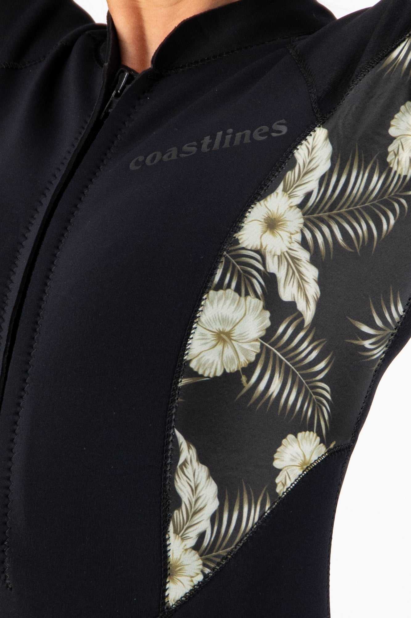 Front and back view of Premium Womens 2mm Front Zip Springsuit in black with sleek fit and cheeky bikini cut