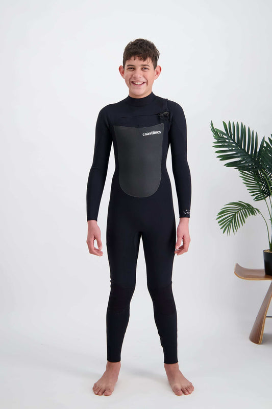 Youth 3/2 Chest Zip Steamer wetsuit for kids with wooly thermal lining, durable glued and taped seams, anatomical seams, and flexible neoprene, designed for cold water.