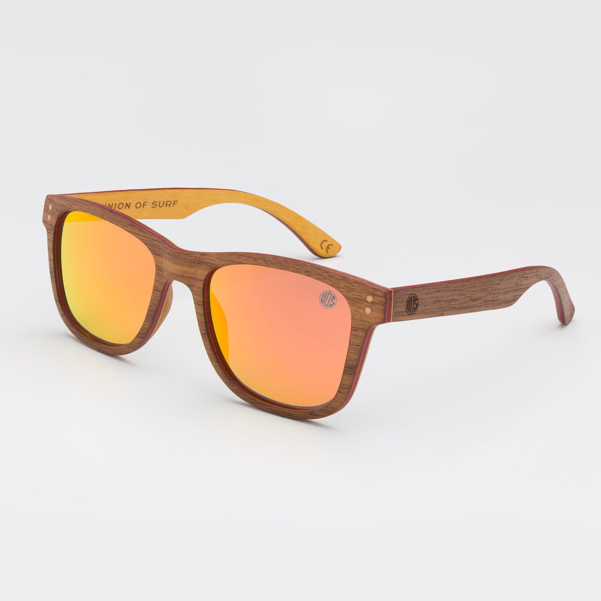 sustainable wood framed sunglasses with orange mirror lens