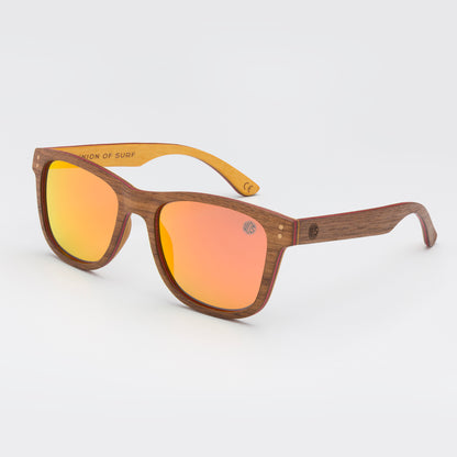 sustainable wood framed sunglasses with orange mirror lens