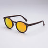 circular sunglasses product photo showing polarised lens and wooden arms