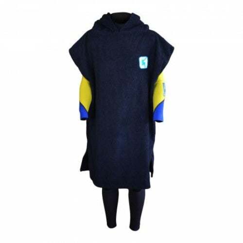 Hooded Towel Changing Robe in dark navy towelling, with a cosy hood, wide arm openings and a small chest logo.