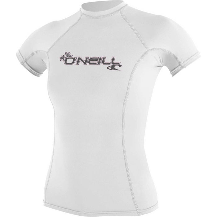 O'Neill Womens Basic Skins short-sleeve rash vest in white stretch fabric, with a crew neck, contrast seams and chest logo.