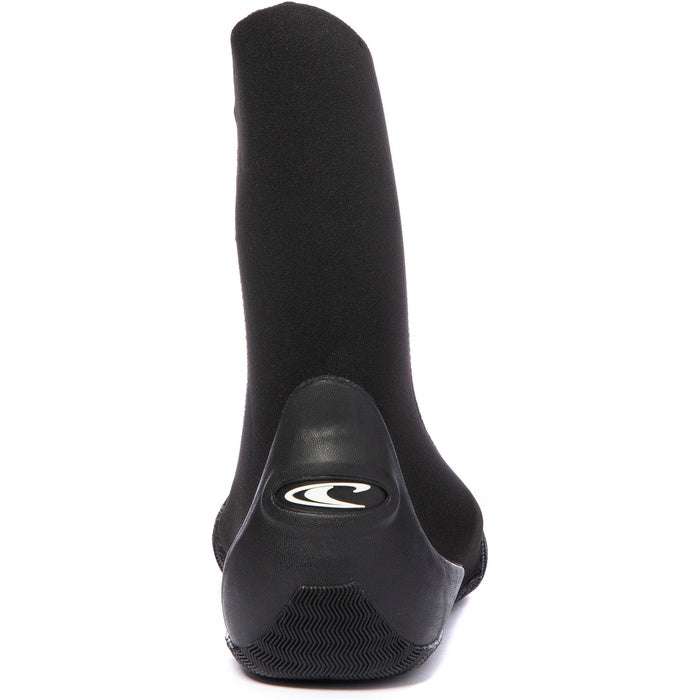 Black neoprene water boot with a tall shaft, reinforced heel, textured sole, and logo on the heel, O'Neill Epic 5mm Boots.