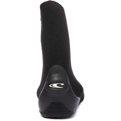 Black neoprene water boot with a tall shaft, reinforced heel, textured sole, and logo on the heel, O'Neill Epic 5mm Boots.