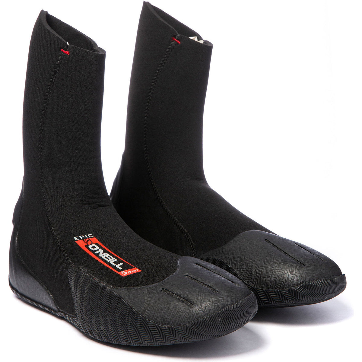 O'Neill Epic 5mm Boots in black neoprene with round toe, reinforced rubber sole, and red logo patch on the ankle.