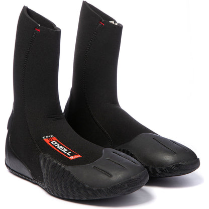 O'Neill Epic 5mm Boots in black neoprene with round toe, reinforced rubber sole, and red logo patch on the ankle.