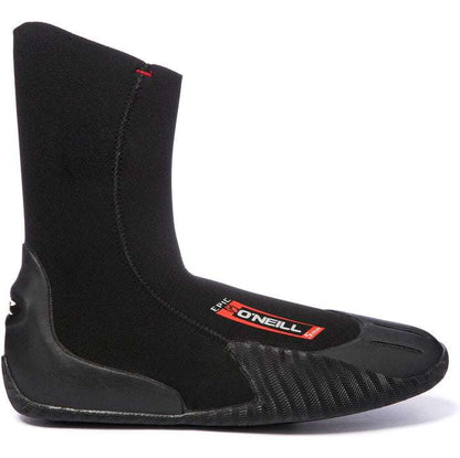 Black neoprene O'Neill Epic 5mm Boots with round toe, textured sole, and red logo patch on top, designed for water sports.
