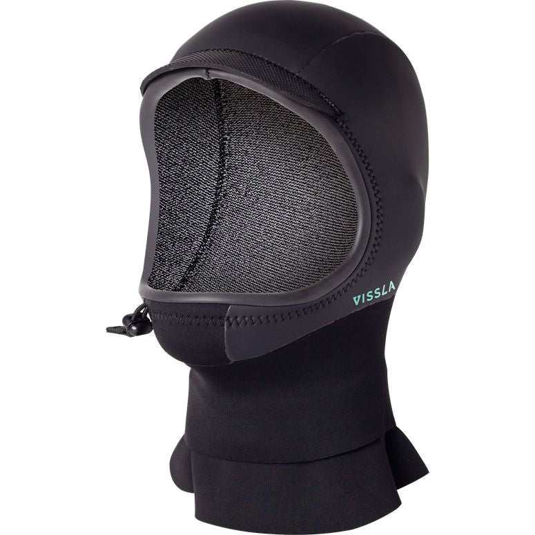 Vissla North Seas 3mm black neoprene wetsuit hood with thermal liner, glued blind stitched seams, and smooth skin exterior for comfort.