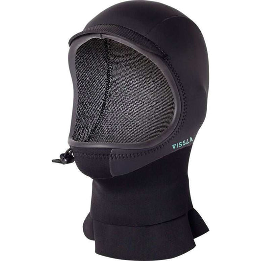 Vissla North Seas 3mm black neoprene wetsuit hood with thermal liner, glued blind stitched seams, and smooth skin exterior for comfort.
