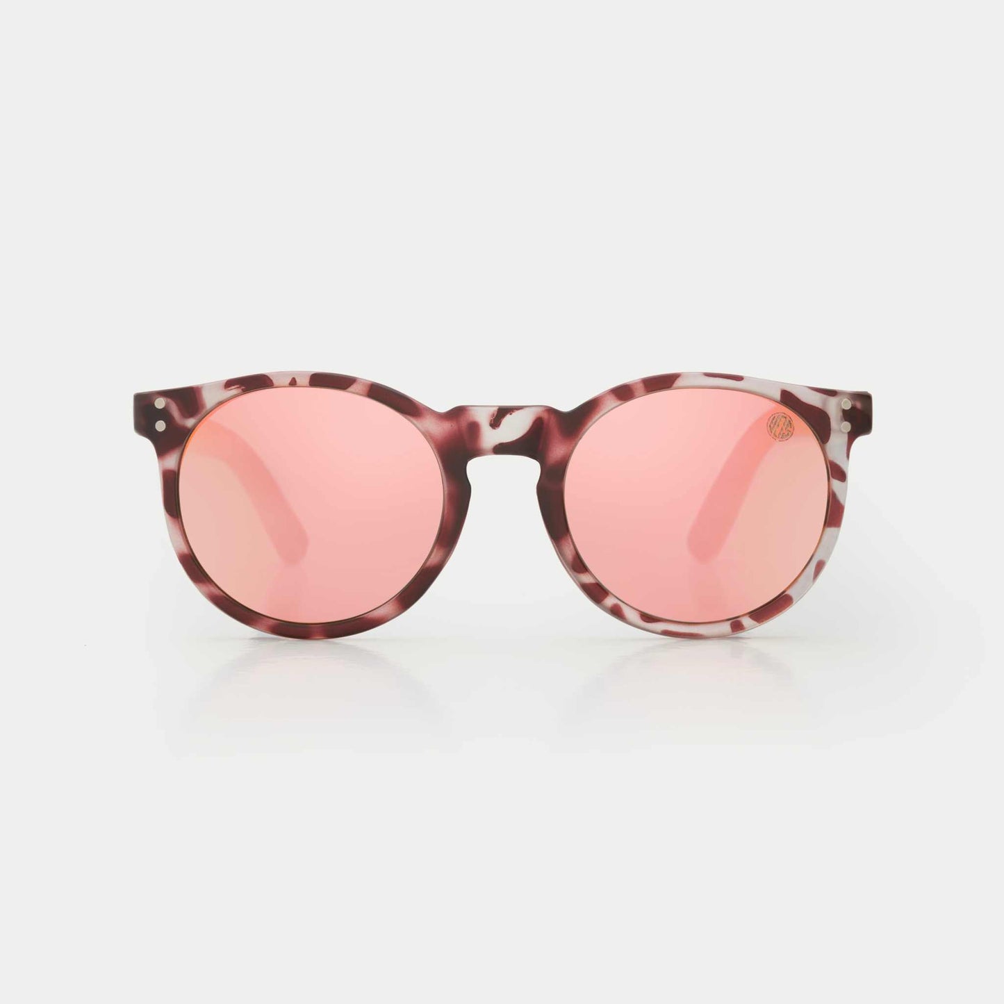 Mini Malibu circular sunglasses with pink camo frame, wooden arms, and rose gold polarized lenses