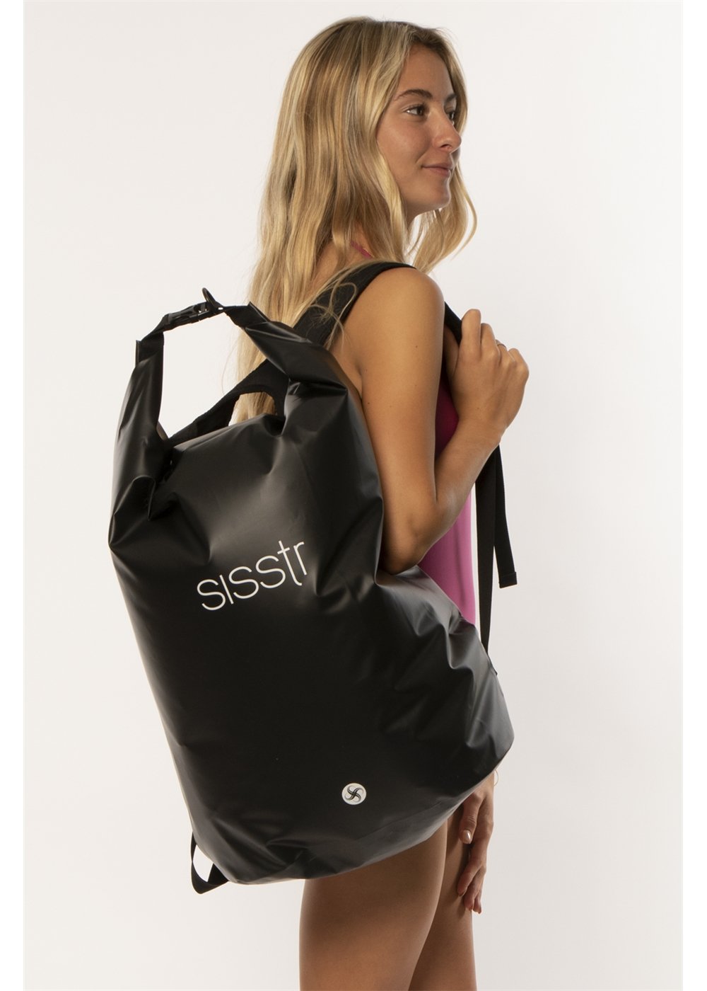 Sisstr Tide wet/dry backpack in black waterproof PVC, with a glossy finish, roll-top buckle closure and shoulder straps.
