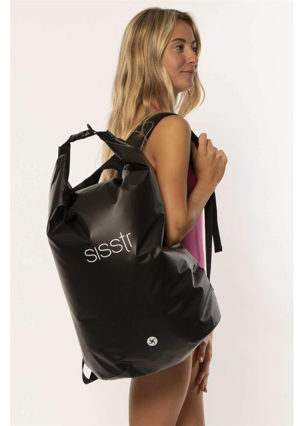 Sisstr Tide wet/dry backpack in black waterproof material, with a glossy finish, roll-top closure and white logo.