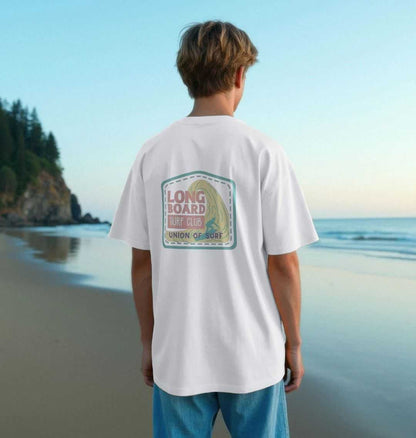 Union Long Board Surf Club men's oversized organic cotton T-shirt with size guide and sustainability details