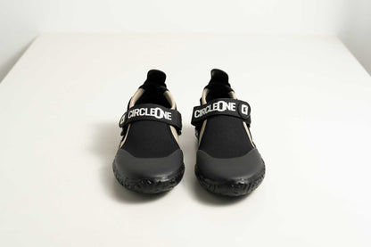 3mm Adult Wetsuit shoes in black neoprene with rubber soles, featuring adjustable ankle straps and pull tabs.
