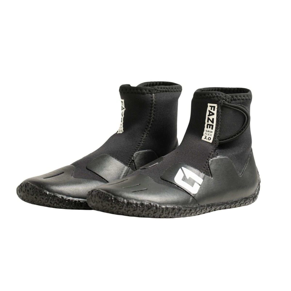 3mm Kids FAZE Wetsuit Boot in black neoprene with textured rubber soles, ankle cuffs and adjustable hook-and-loop straps.