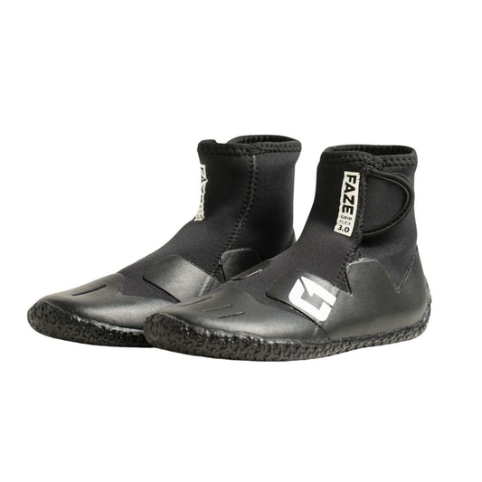 3mm Kids FAZE Wetsuit Boot in black neoprene with textured rubber soles, ankle cuffs and adjustable hook-and-loop straps.