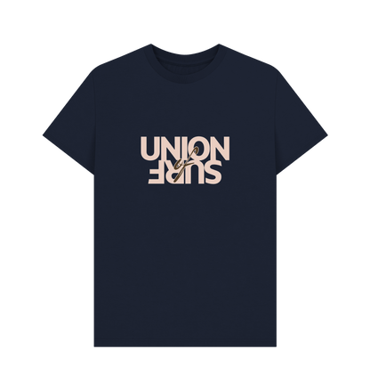 Union of surf casual organic cotton men's t-shirt with size guide and sustainable production details