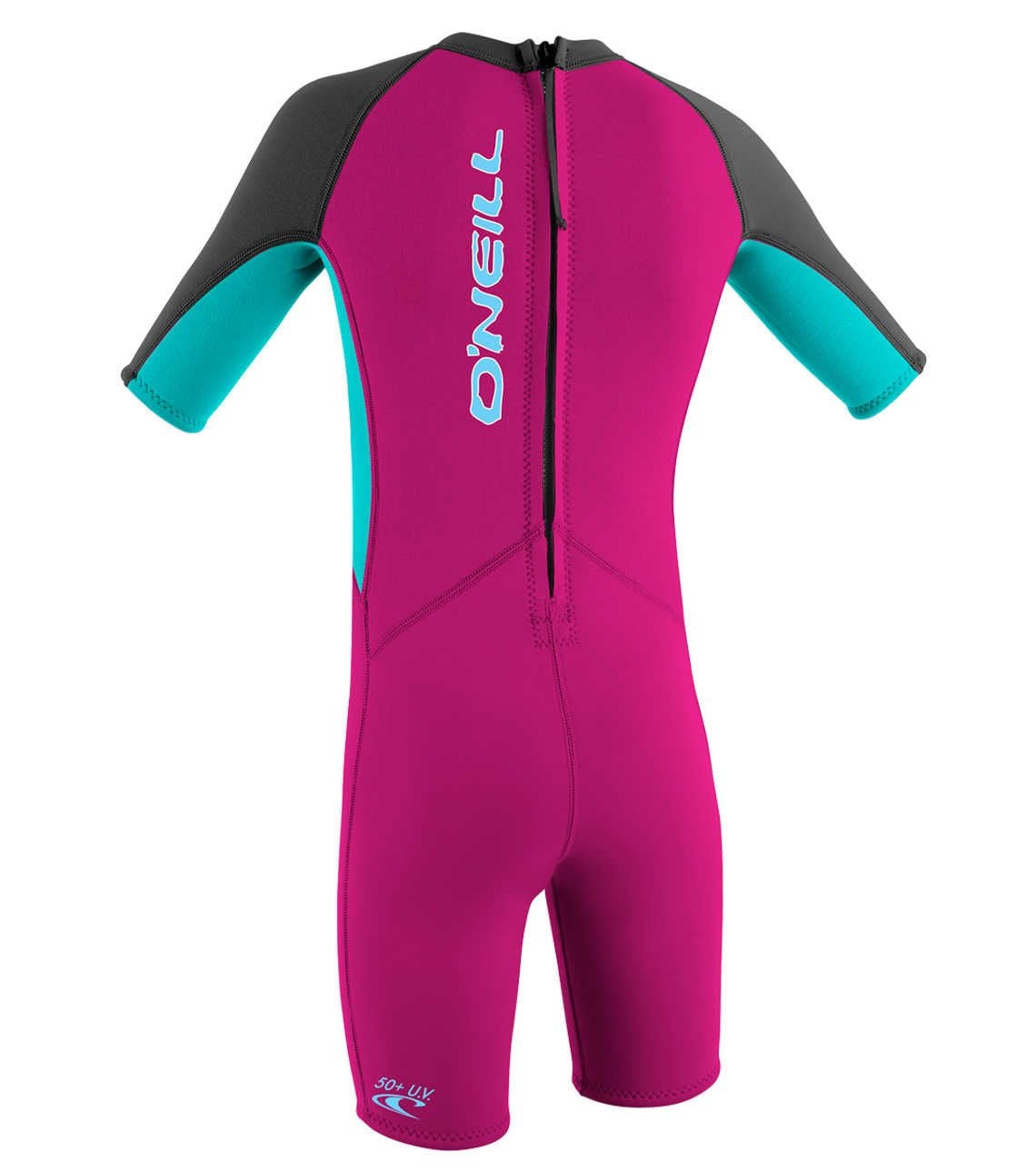 O'Neill Toddlers 2mm Reactor shorty wetsuit in magenta neoprene with charcoal shoulders, turquoise sleeves and back zip.