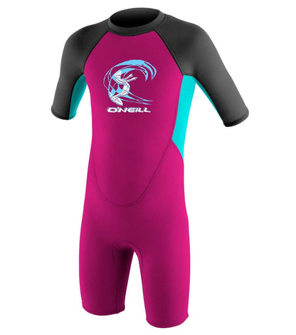 O'Neill Toddlers 2mm Reactor shorty wetsuit in magenta and black neoprene, with aqua underarms and chest logo.