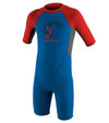 O'Neill Toddlers shorty wetsuit in blue and red neoprene, with short sleeves, short legs and a front logo.