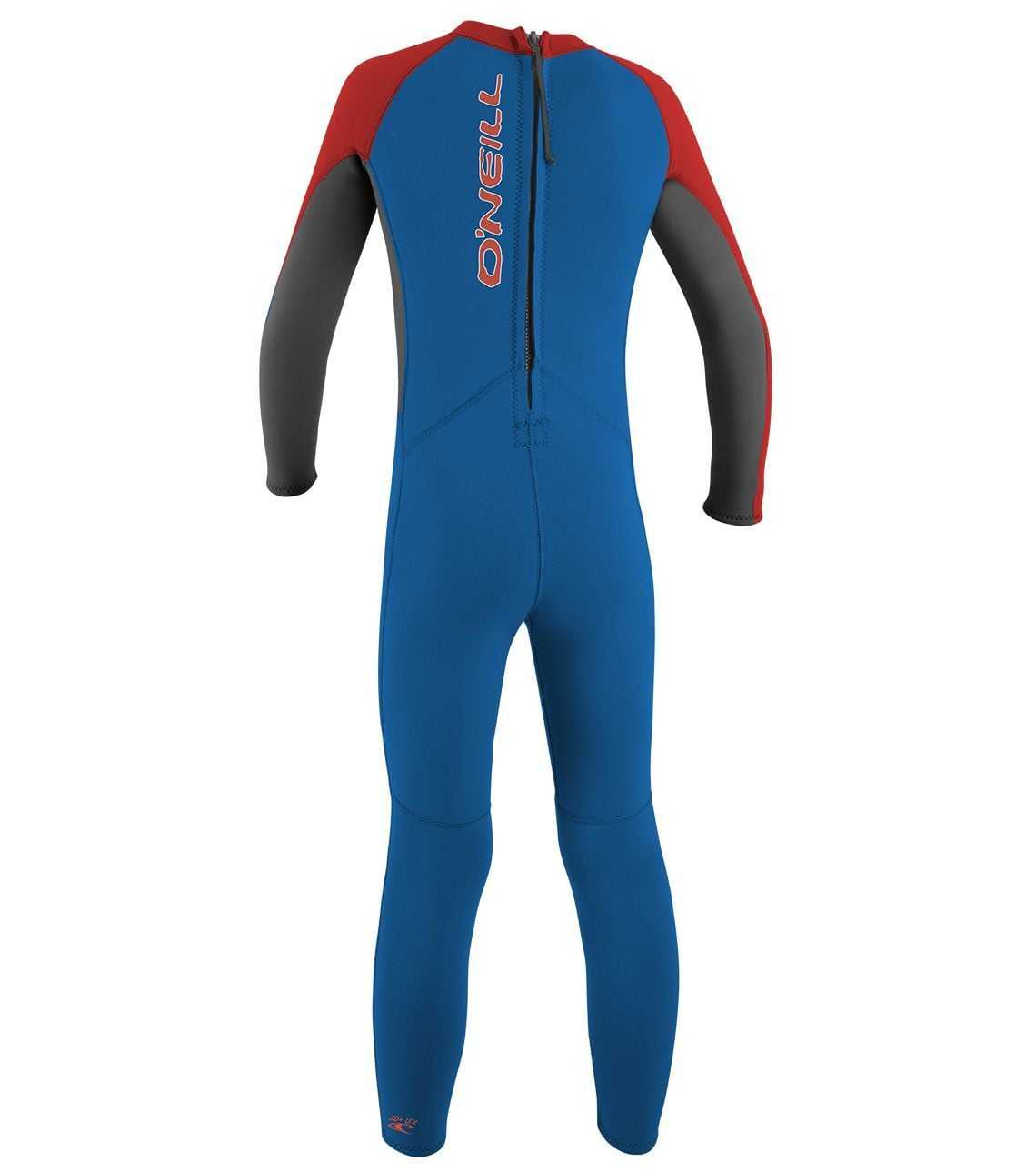 O'Neill Reactor 2mm toddler full wetsuit in blue neoprene with red shoulders, black sleeves and a back zip.