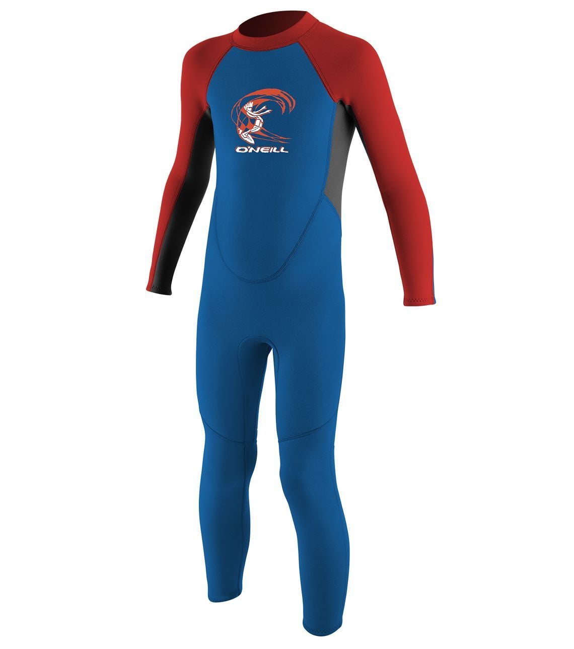 O'Neill Reactor 2mm full wetsuit in blue and red stretch neoprene, with long sleeves and a chest logo.