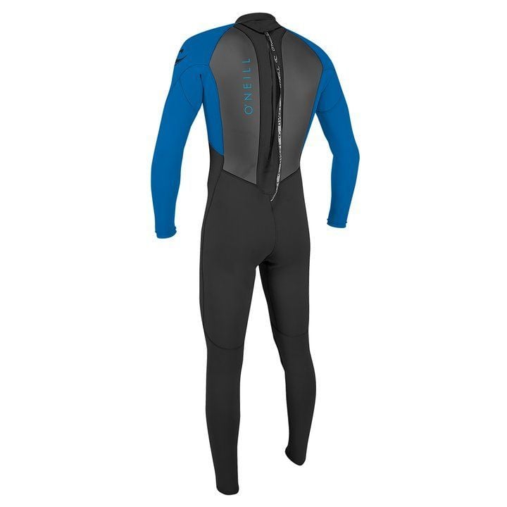 Youth wetsuit in black and blue neoprene with back zip entry and O'Neill Reactor 2 branding on the back panel