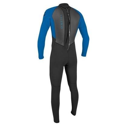 Youth wetsuit in black and blue neoprene with back zip entry and O'Neill Reactor 2 branding on the back panel