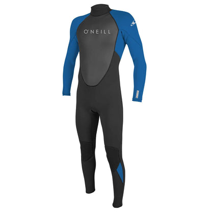 O'Neill Reactor 2 youth wetsuit in black and blue with back zip, high-grade neoprene, and reinforced knee pads for flexibility and durability.
