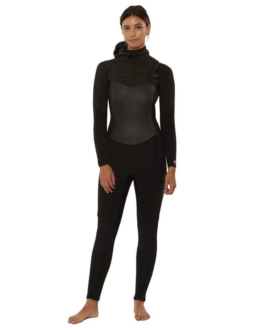 Sisstr 7 seas black hooded chest zip wetsuit with smooth chest panel, textured neoprene sleeves, and full-body coverage for warmth and stretch