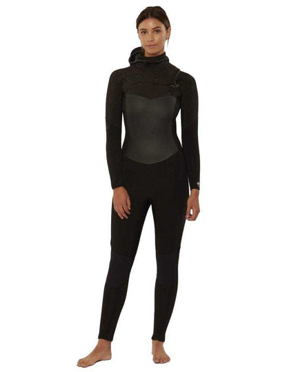 Sisstr 7 seas black hooded chest zip wetsuit with smooth chest panel, textured neoprene sleeves, and full-body coverage for warmth and stretch