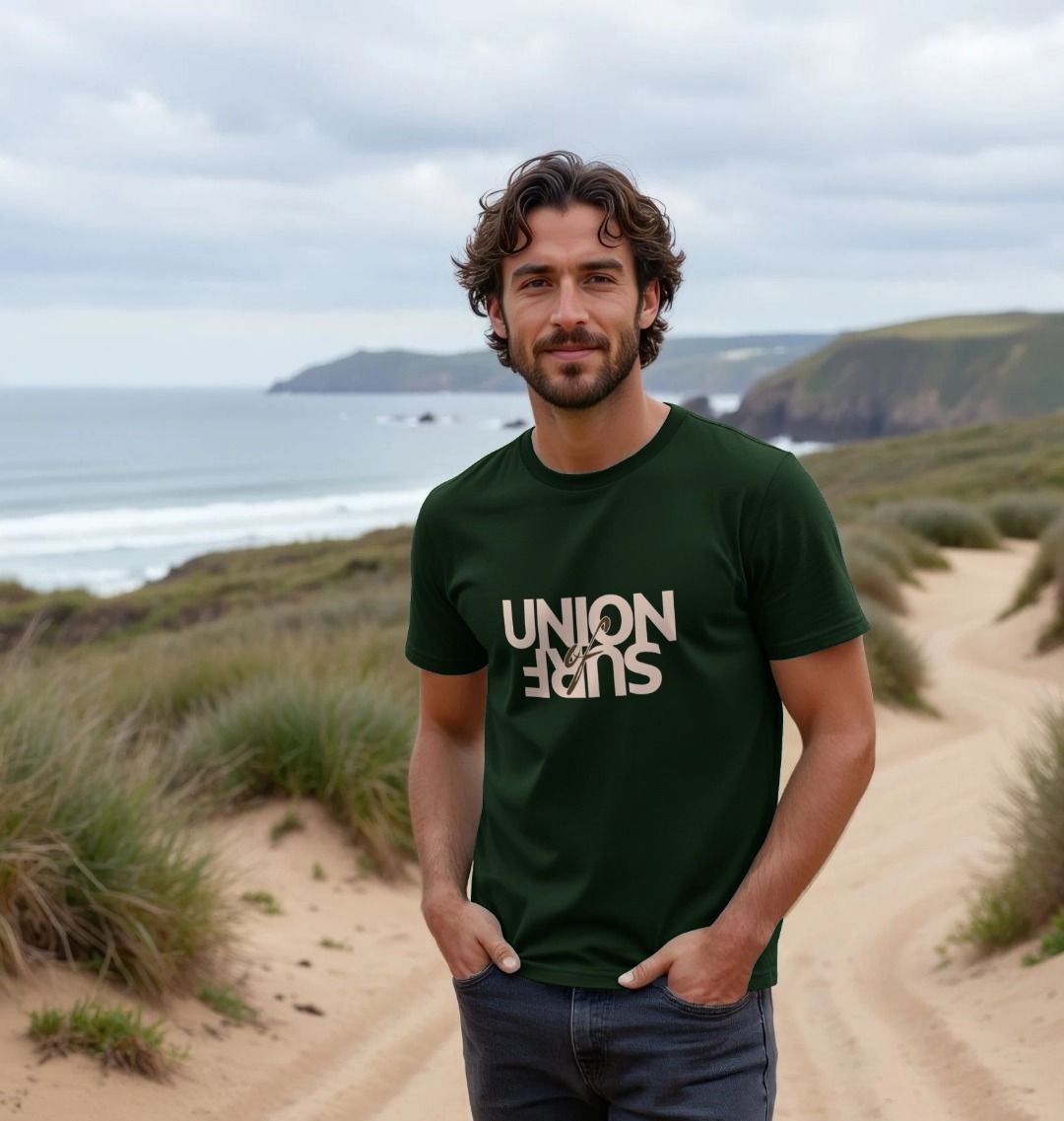Union of Surf casual organic cotton men's t-shirts with size guide and eco-friendly production details