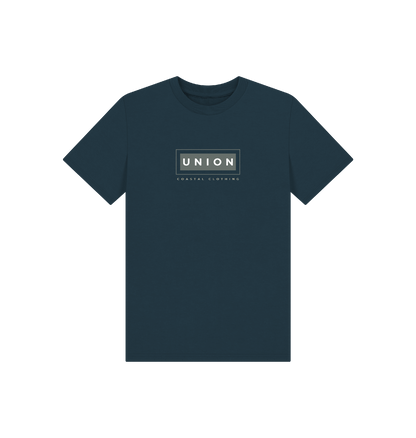 Kids organic cotton surf t-shirt with size guide for ages 3-12 years, eco-friendly and sustainable.