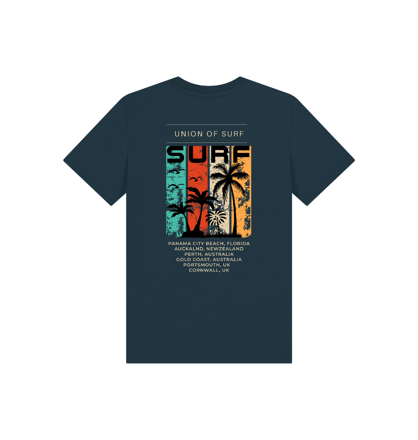 Organic cotton kids surf t-shirt with size guide for ages 3-12 years, eco-friendly and sustainably made